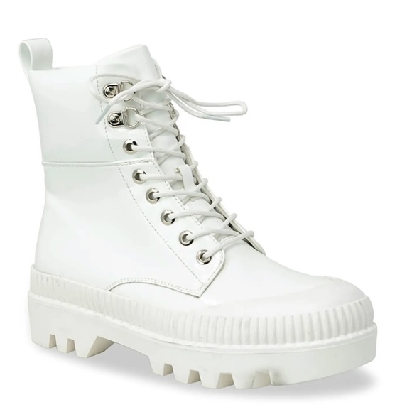 Chase And Chloe Chelsey Lug Sole White Patent Combat Boots - Picture 1 of 12